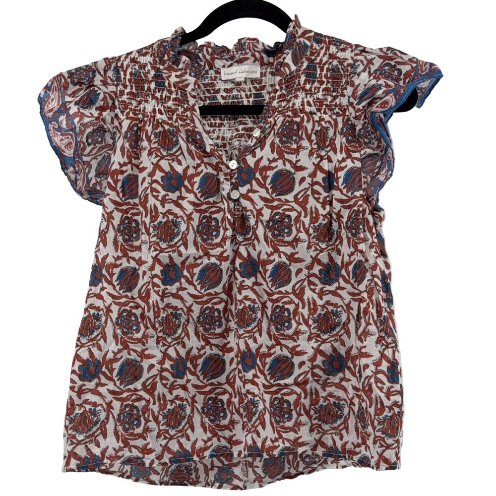 House of Harlow 1960 Women's M Red Blue White Floral Cotton Smocked Blouse‎